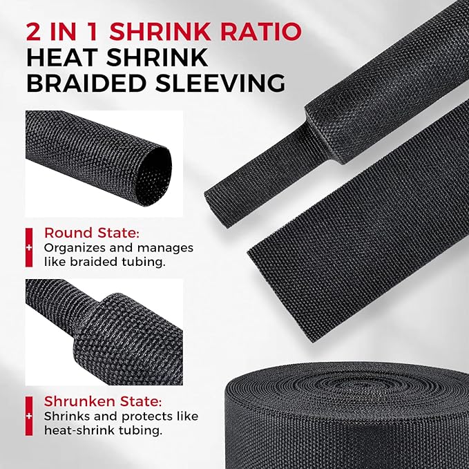 2 in 1 Ratio Heat Shrink Fabric Braided Sleeving, 1" - 24 feet Soft, Flexible and Sealing Black Shrinkable Braiding Sleeve