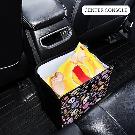 Car Trash Can Organizer Bin with Adjustable Strap for Back Front Seat Console Waterproof Leakproof Collapsible Portable 8.66 Inch Halloween Skulls Lollipops Candies