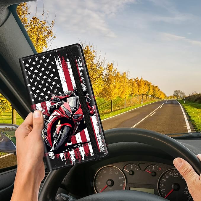 Car Registration and Insurance Card Holder, Vehicle License Documents Glove Box Compartment Organizer Wallet, ID Card Holder for Car Essentials Automobile, American Flag Motorcycle