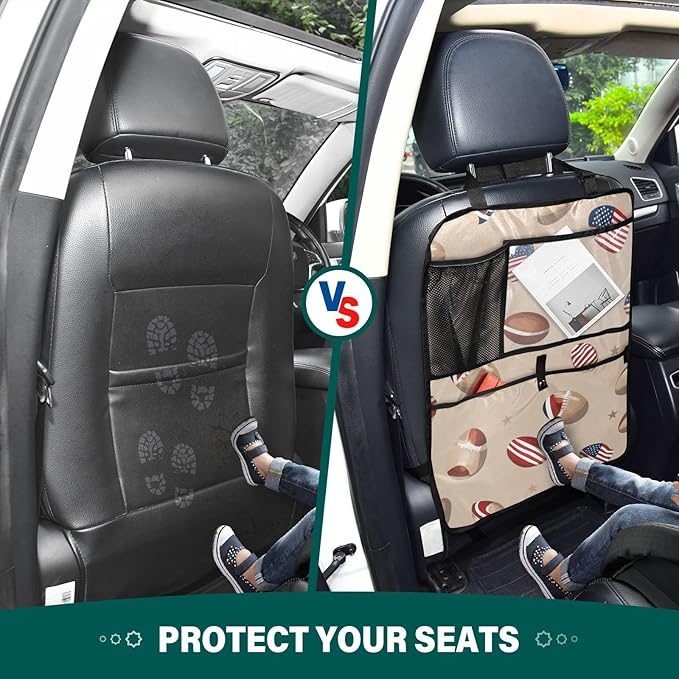 Brown Football and Flag 2 Pack Backseat Car Organizer with Storage Pockets Seat Back Organizers for Kids Kick Mats Backseat Protector Automotive