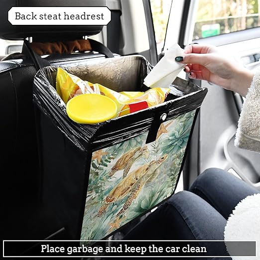 Car Trash Can Organizer Bin with Adjustable Strap for Back Front Seat Console Waterproof Leakproof Collapsible Portable 11 Inch Sea Turtle Starfish Plants