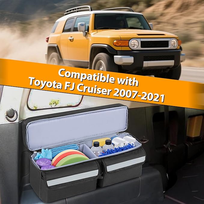 Car Trunk Organizer Compatible With Toyota FJ Cruiser 2007-2021, Multifunctional Car Storage Box with Lid, Double Layer Bag with 3 Wide Hook & Loop Tapes, Both Side with Straps to Fix, Black
