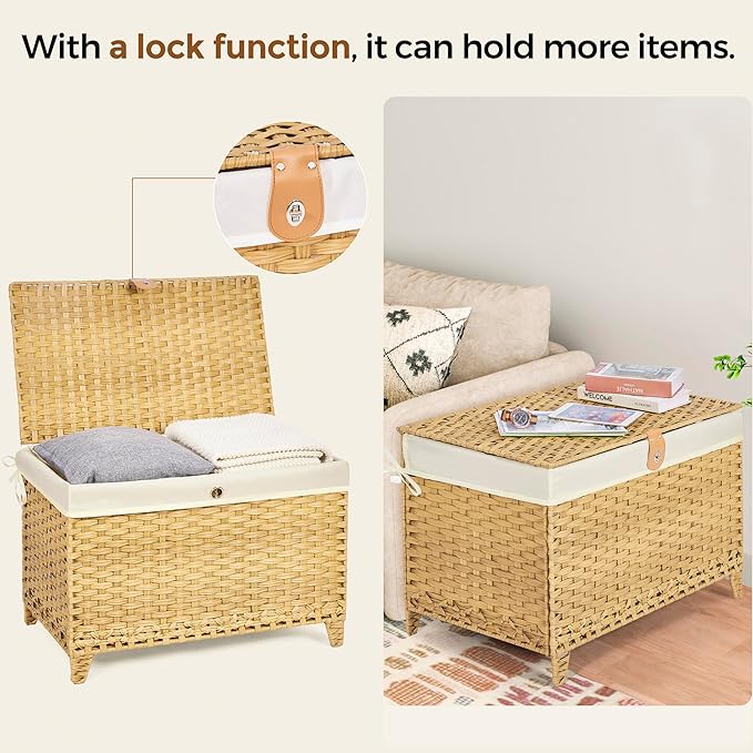 Honjourai Wicker Storage Basket with Lid,Rattan Shelf Basket with Removable Liner Bag,200L Storage Bin,Storage Trunk with Heightened Feet,Storage Container for Wardrobe,Home Organizer