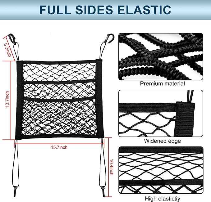 3 Layer Car Mesh Organizer Between Front Seats, Pet Dog Kid Net Barrier Car Net Pocket Elastic Storage Bag Tissue Purse Holder for SUV Truck Van, 15.7 x 13.7 Inch