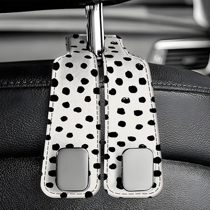 Car Seat Back Storage Headrest Hook, Premium Leather Double Metal Hook, Hanger Storage Organizer for Purse Cloth Bag, Car Interior Accessories Black White Polka Dots