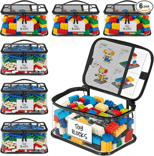 6 Pack Toy Storage Bags, Clear Toy Organizer with Labels, Waterproof PVC Toy Organization and Storage for Building Blocks, Puzzles, Dolls and Board Games, for Kids Ages 3+