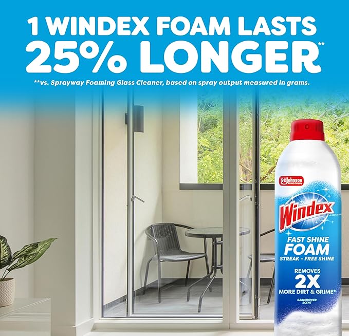 Windex Fast Shine Foam Glass Cleaner, No-Drip Windows, Doors, Mirrors & Countertops Aerosol Cleaning Spray, Streak-Free Shine, Removes Fingerprints, Dust, Dirt, Grime & More 19 oz (Pack of 2)