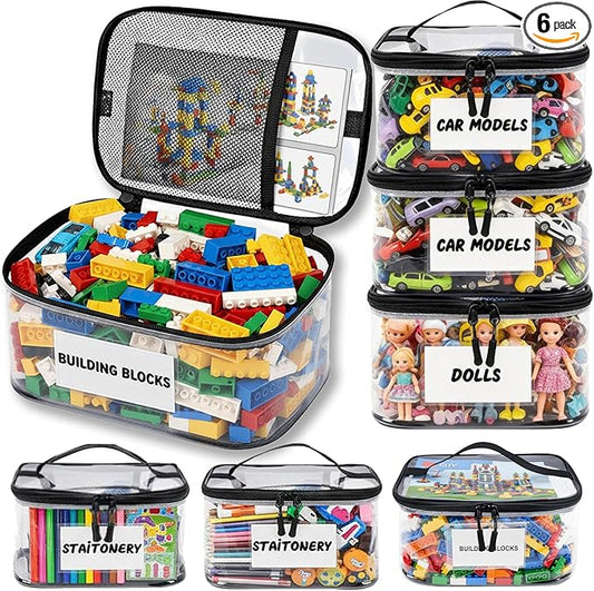 6 Pack Extra Large Clear Toy Storage Bags with Tag & Pocket – Versatile Waterproof Organizer Bags for Lego Bricks, Board Games, Building Blocks, Puzzles, Dolls, Books (Black-XL-Size-6 Pack)