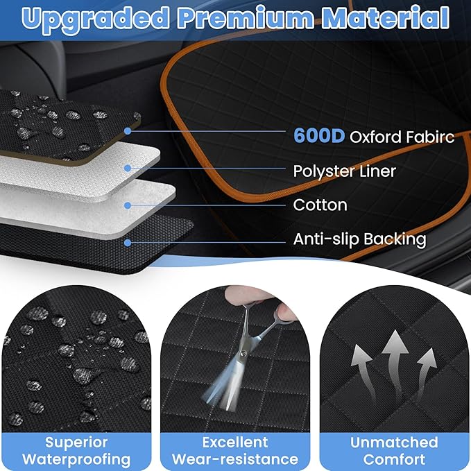 ELONGRIVER Dog Car Seat Covers, Waterproof Front Seat Cover for Dogs, Scratch-Proof, Nonslip Pet Passenger Seat Cover Protector, Universal Fit for Cars Trucks SUVs, Standard Size, Black with Orange