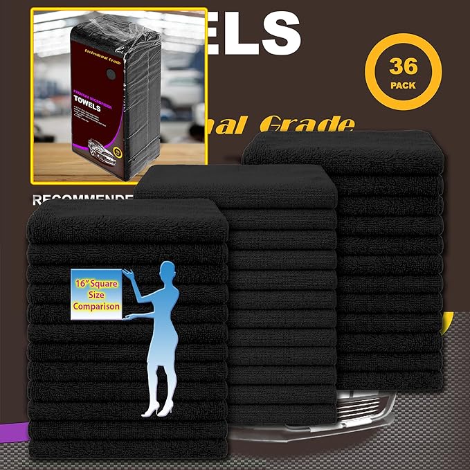 Black Microfiber Cleaning Towels, 36-Pack Dual-Sided Ultra Soft Plush Washcloth, Professional Grade Premium Microfiber Detailing Cleaning Cloths, Car, Household and Commercial (Black, 16" x 16")