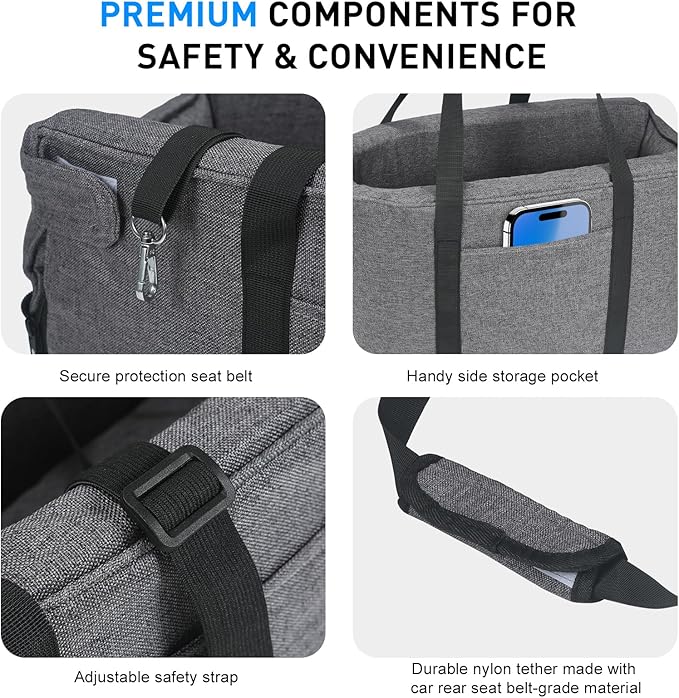 Small Dog & Cat Car Seat, Detachable Seat, Console Fit, Adjustable Straps, Storage Pocket & Clip-On Leash - Ideal for Pets Under 15 lbs