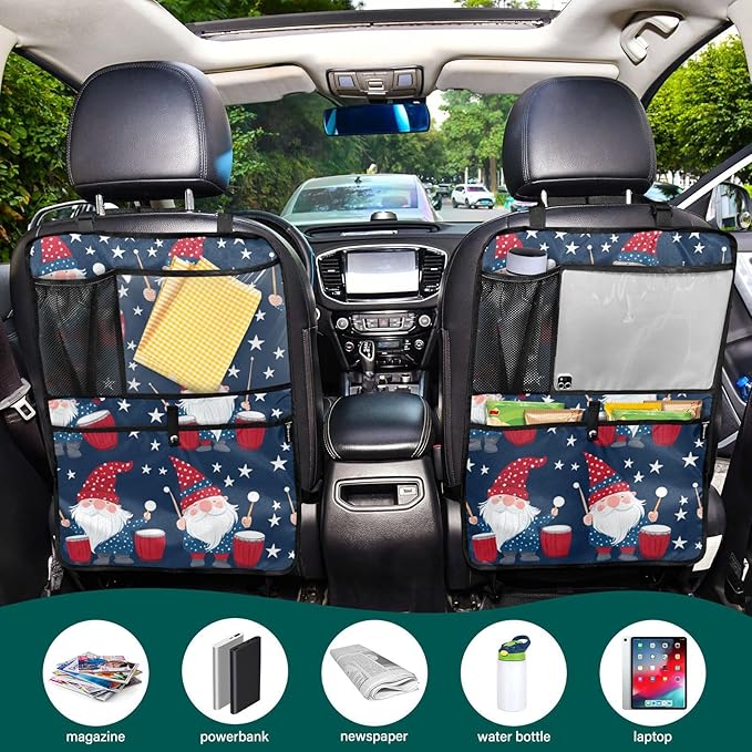 July 4th Gnomes Drum Dark Blue 2 Pack Backseat Car Organizer with Storage Pockets Seat Back Organizers for Kids Kick Mats Backseat Protector Automotive