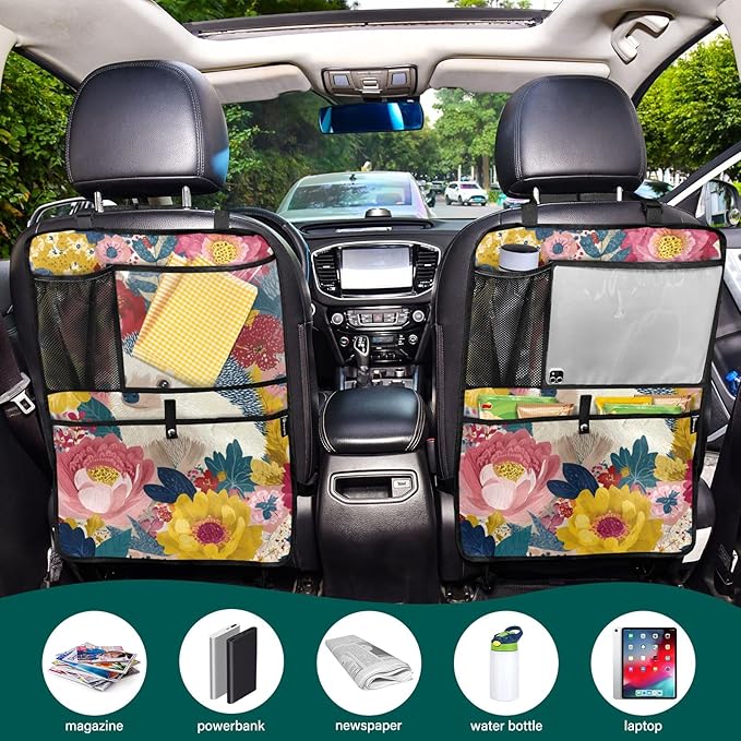 2 Pack Back Seat Car Organizer with Storage Pockets Kick Mats Back Seat Protector Hanging Car Organizer Automotive Seat Back Cover Organizers Garden Flowers Hedgehogs Colorful
