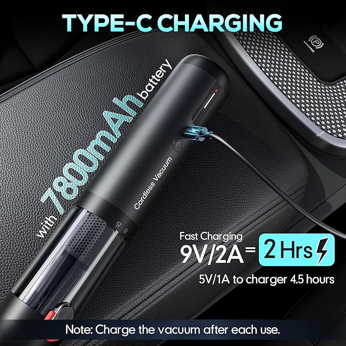 Handheld Car Vacuum Portable Cordless, Hand held Vacuum Cleaner with 21000 Pa Suction Power Air Duster for Car Cleaning, Home, Office, Pet Hair | Multi-Nozzle, Washable Filter