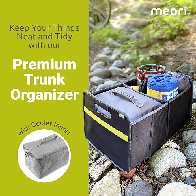 meori Collapsible Trunk Organizer for Car with Cooler for Groceries Road Trips 2 Compartments Heavy Duty Mesh Pocket Ripstop