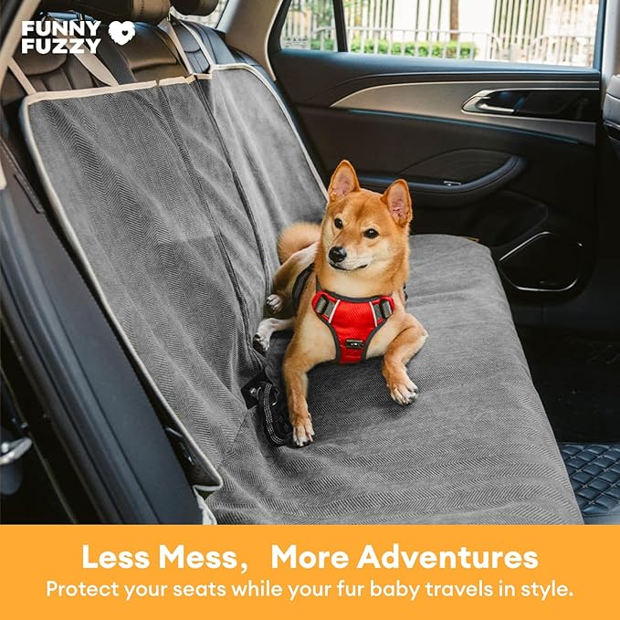 FUNNY FUZZY Dog Car Seat Cover for Back Seat, Back Seat Pet Cover for Dogs Waterproof, Scratchproof Dog Backseat Cover, Non-Slip Bench Car Seat Protector, Universal Fit Most Cars, SUVs, Trucks, Grey