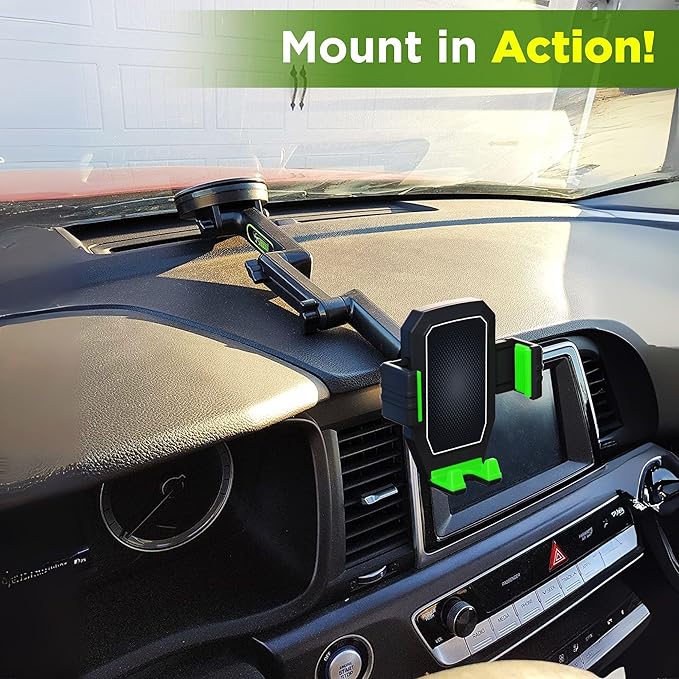 Cell Phone Mount for Truck Phone Holder for Truck Drivers - Heavy Duty Suction Cup + Dashboard Pad, iPhone Holder for Dashboard Window 16.9 inch Long, for iPhone & Samsung, Big Rig Trucker, Green