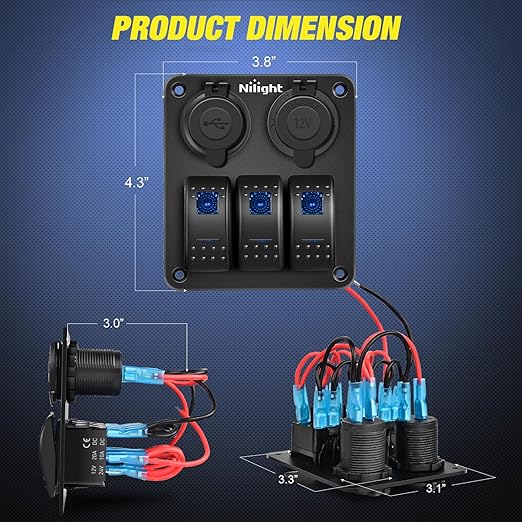 Nilight 3 Gang Rocker Switch Panel Pre-Wired Aluminum with PD Type C and USB Cigarette Lighter Socket Night Glow Stickers 12V 24V ON Off Switches for Car Trucks Boats RVs