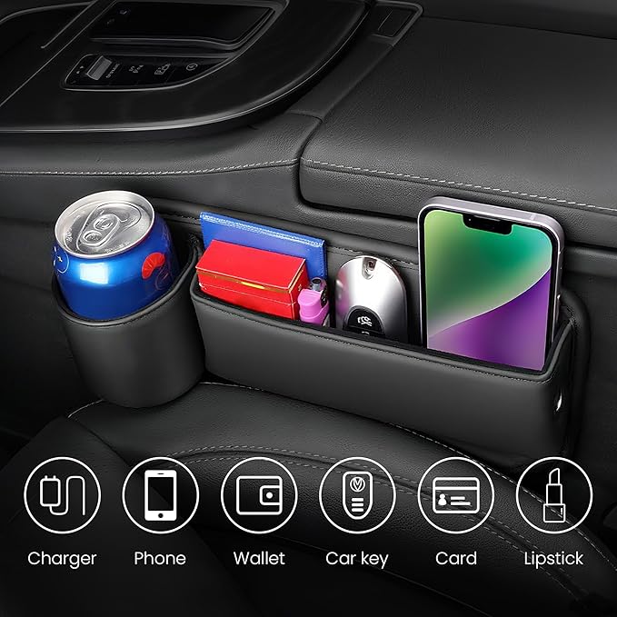 2 Packs Universal Fit Car Seat Gap Filler Organizer, Premium Leather Anti-Drop Car Side Gap Storage with Cup Holder for Phone, Keys, Sunglasses & Drinks (Black)