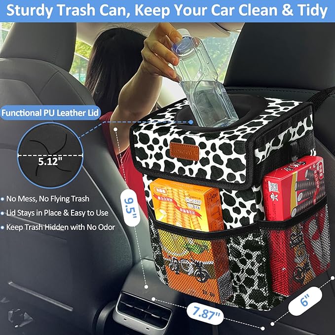ELONGRIVER Car Trash Can Bin for Back Seat Leak Proof, Cute Car Trash Bag Hanging, Vehicle Trash Can for SUV Truck Van, Automotive Garbage Cans Front Seat Cow Print, 2 Gallons