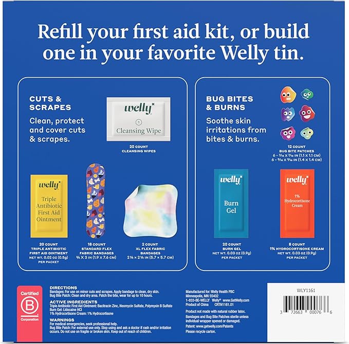 Welly First Aid Kit Refill Carton | Includes Individual Bandages, Cleansing Wipes, Antibiotic Packets, Burn Gel, Hydrocortisone Cream, and Bug Bite Relief Patches | 100 ct