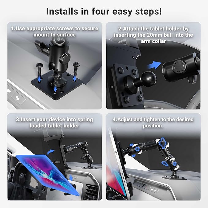 ARKON Mounts - Heavy-Duty Tablet Mount | Secure Drill Base for Cars, Walls, and Tables | Adjustable Arm Ensures Perfect Positioning | Universal Tablet Stand and Holder | Great for iPad Wall Mount