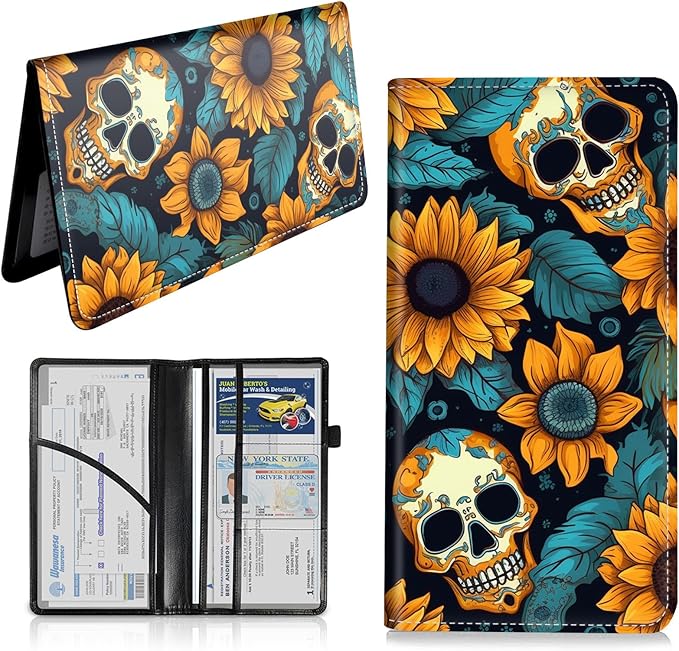 Car Registration and Insurance Card Holder, Vehicle License Documents Glove Box Compartment Organizer Wallet, ID Card Holder for Car Essentials Automobile, Skull And Sunflowers