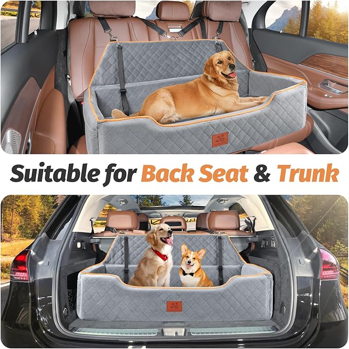 XIEEAOZEE Large Dog Car Seat for Dods Under 100 Lbs, Memory Foam Dog Car Bed for Backseat & Trunk, Detachable and Washable Cover, Pet Travel Seat with Storage Pockets, 2 Safety Belts