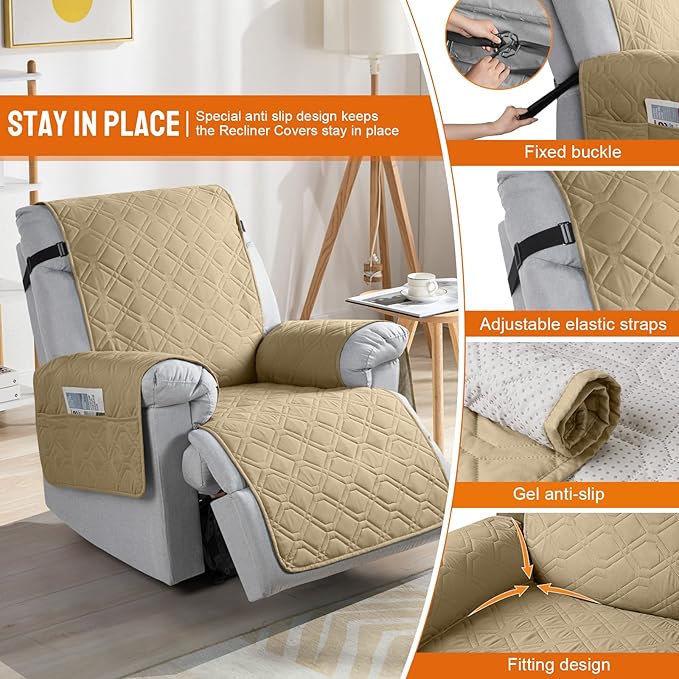 VANSOFY 100% Waterproof Recliner Chair Covers, Recliner Cover Non-Slip Dog Chair Cover Furniture Protector Washable Slipcover with Pocket, Elastic Straps for Pets, Dogs(Sand, 23.6")