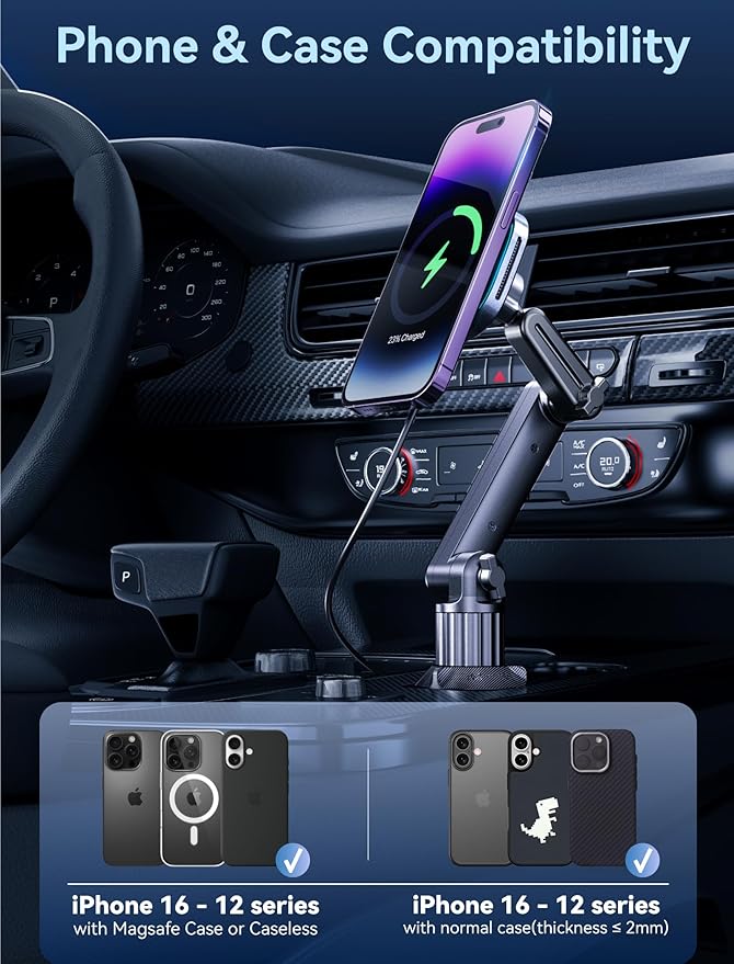 TOPGO Cup Phone Holder Wireless Charger, Magnetic Phone Holder Car Wireless Charger, Fast Charging for iPhone 17/17 Air/17 Pro/17 Pro Max, Galaxy - Black