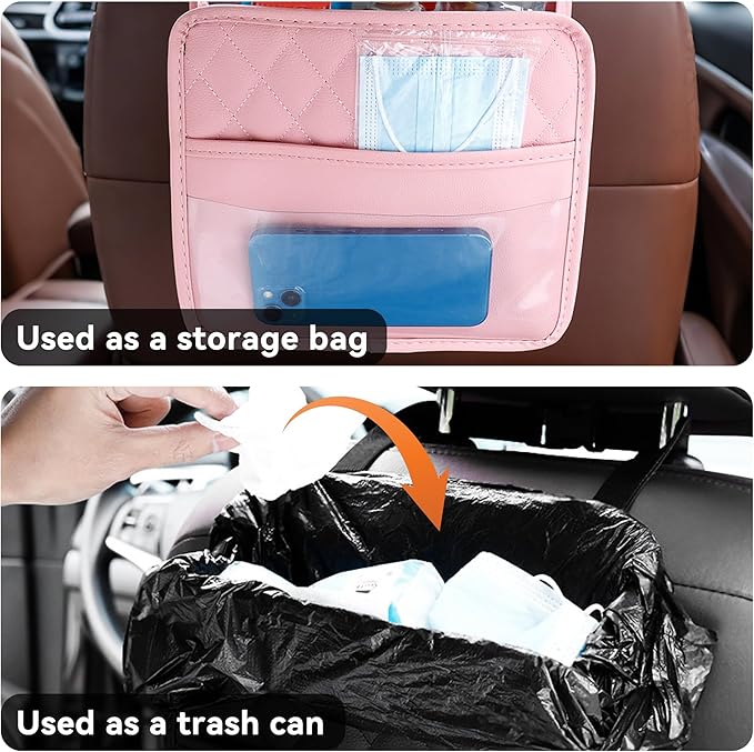 Car Seat Back Hanging Bag, PU Leather Automotive Seat Back Organizer, Multipurpose Vehicle Travel Essentials Accessories for Kids & Adults, Universal for Most Cars (Pink)