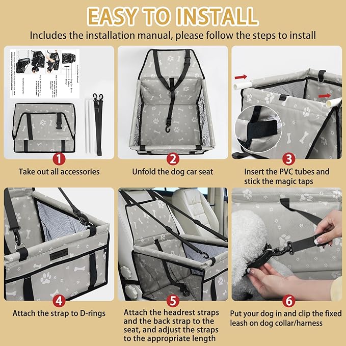 PetsHome Dog Car Seat Foldable Dog Car Booster Seat Waterproof Breathable Oxford Travel Bag for Small to Medium Dogs, Puppies, and Pets-Pattern Grey+Mat