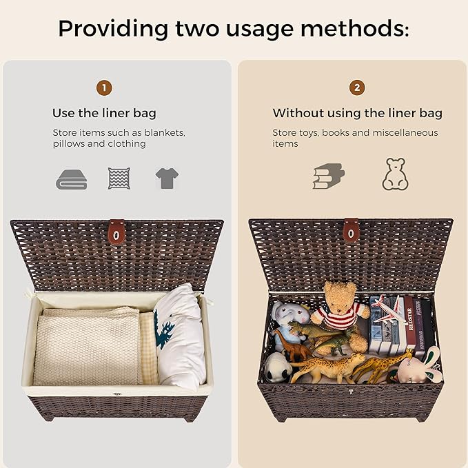 Honjourai Wicker Storage Basket with Lid,Rattan Shelf Basket with Removable Liner Bag,105L Storage Bin,Storage Trunk with Heightened Feet,Storage Container for Wardrobe,Home Organizer