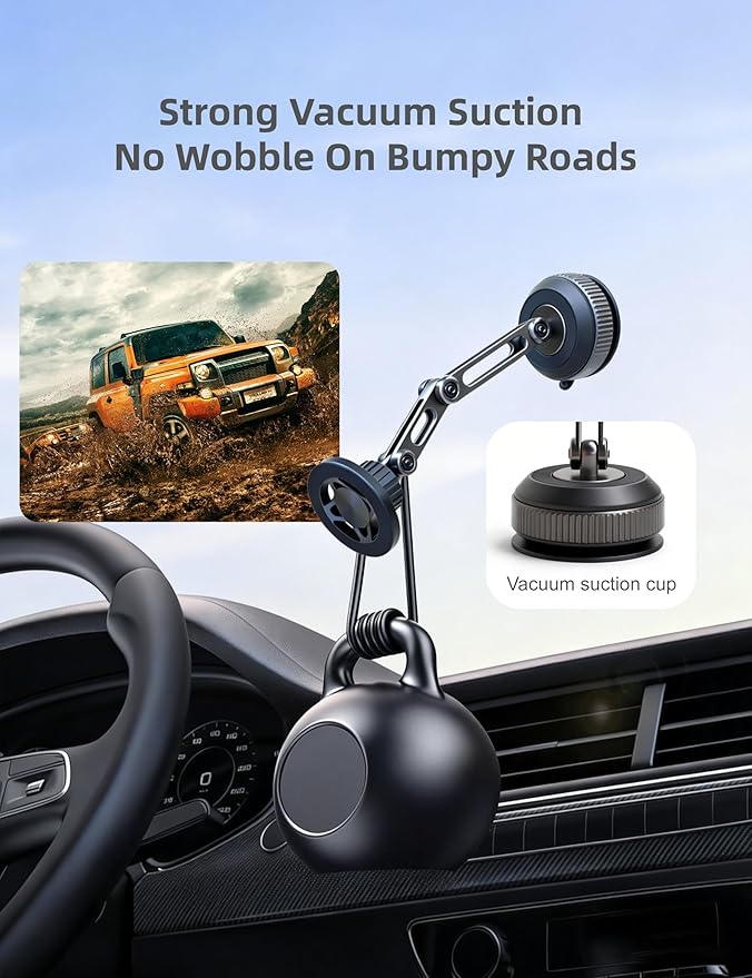 Zinc Alloy Car Phone Mount for Magsafe with N52 Magnet & Vacuum Suction, 360° Rotatable Magnetic Phone Holder for iPhone 17-12, Foldable Phone Stand for Car Windshield, Dashboard and Desk