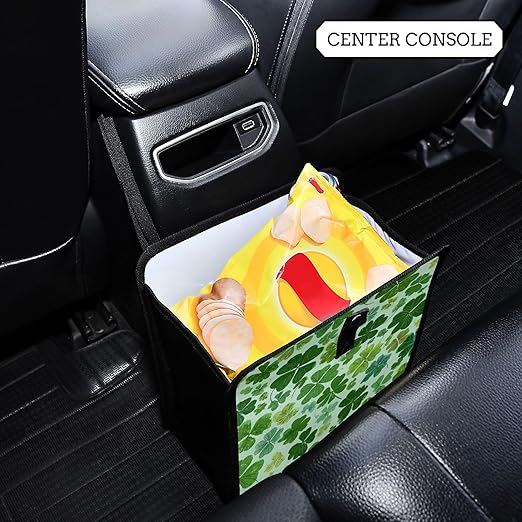 Car Trash Can Organizer Bin with Adjustable Strap for Back Front Seat Console Waterproof Leakproof Collapsible Portable 8.66 Inch Green Nature St Patrick Clovers