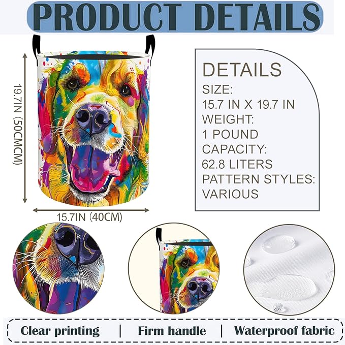 Golden Retriever Laundry Basket Hamper 19.7"x15.8", Dog Foldable Waterproof Oxford Clothes Storage Bucket for Room Bathroom Bedroom Nursery Decor, Toy Organizer Bins Gifts for Kids Boys Girls