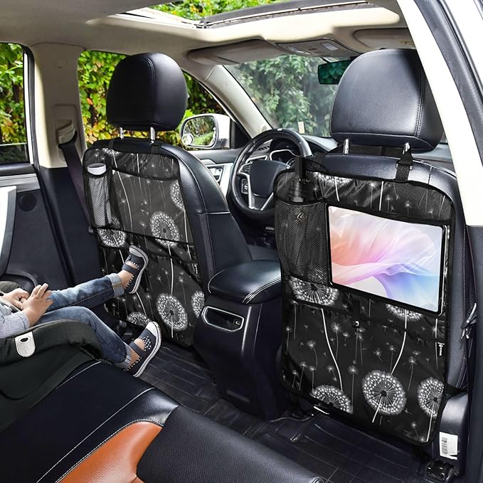 Black Dandelion 2 Pack Backseat Car Organizer with Storage Pockets Seat Back Organizers for Kids Kick Mats Backseat Protector Automotive