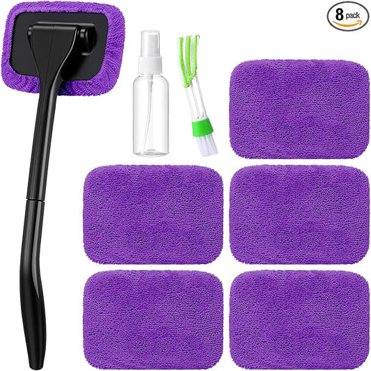 FoldTier 8 Pcs Car Windshield Cleaner Tool Kit with Removable Handle, Microfiber Towel Pads, Brush, Empty Spray Bottle for Auto Glass Wiper Suvs Rvs & Home Windows(Purple)