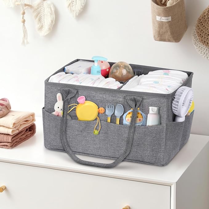 Diaper Caddy with Wipe Dispenser One-Handed Access, Premium Diaper Organizer, Portable Car Organizer Nursery Basket for Newborn Essentials, Baby Registry Must Haves for Boys & Girls,Grey