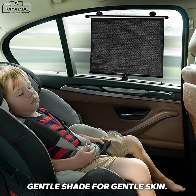 TopShade Car Window Roller Shade - Retractable Auto Side Window Sun Shade for Cars, Trucks, SUVs - UV Protection & Heat Blocker - Baby & Pet Safe - Easy Install (2 Pack, Large, Black)