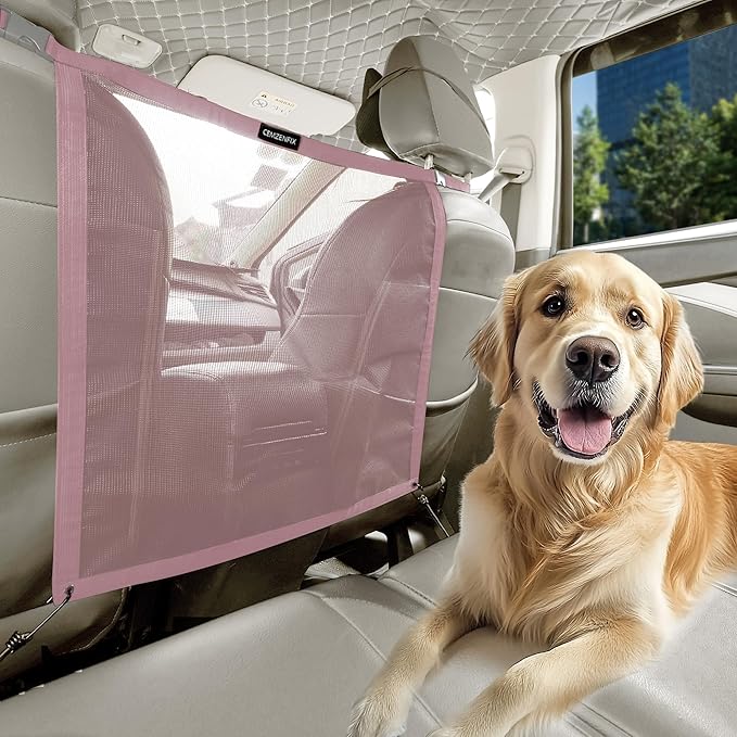 Universal Dog Car Net Barrier – Sturdy Mesh, Easy Install, Breathable Design, Easy to Clean, Flexible Bungee Cords for Adjustable Fit 23"×23" (Pink)