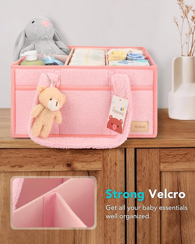 YOSING Cute and Playful Pink Diaper Caddy Organizer, 13 Compartments, Adjustable, Baby Diaper Caddy for Car, Changing Table, Nursery Storage, Car Organizer for Diapers and Baby Wipes