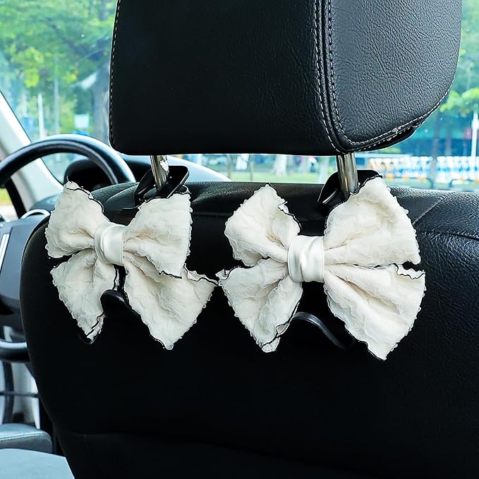 Amooca Car Seat Headrest Hook Cute Bowknot Vehicle Hanger Car Storage Organizer for Handbag Purse Coat Grocery Bag Puff Ivory