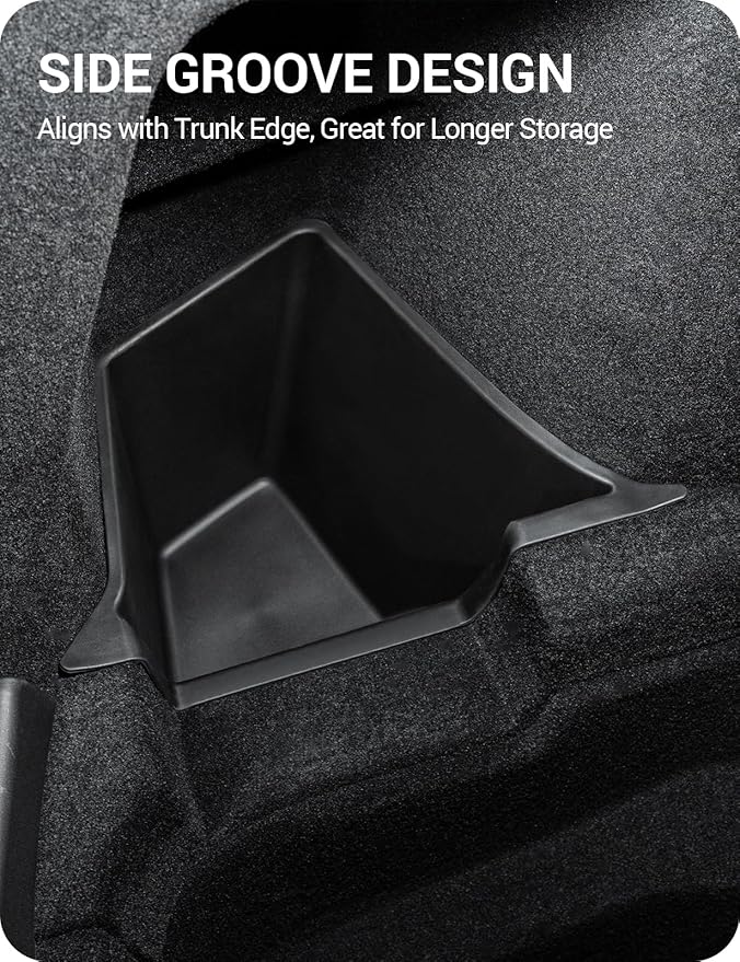 BASENOR 2025 2026 Tesla Model Y Trunk Storage Bins, (Proprietary Design) Trunk Organizer with Carpeted Lid, Rear Trunk Side Storage Box for Model Y Juniper Interior Accessories