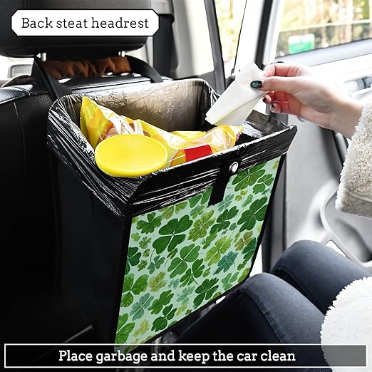 Car Trash Can Organizer Bin with Adjustable Strap for Back Front Seat Console Waterproof Leakproof Collapsible Portable 8.66 Inch Green Nature St Patrick Clovers