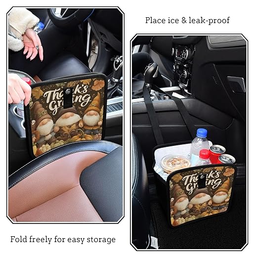 Car Trash Can Organizer Bin with Adjustable Strap for Back Front Seat Console Waterproof Leakproof Collapsible Portable 8.66 Inch Autumn Gnomes Pumpkin Brown