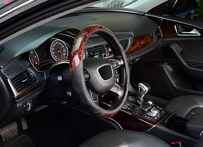 KAFEEK Wood Grain Steering Wheel Cover, Universal 15 inch, Microfiber Leather,Anti-Slip, Odorless