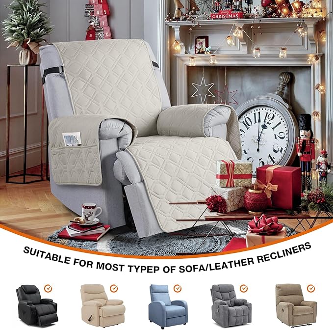 VANSOFY 100% Waterproof Recliner Chair Covers, Recliner Cover Non-Slip Dog Chair Cover Furniture Protector Washable Slipcover with Pocket, Elastic Straps for Pets, Dogs(Beige, 22")