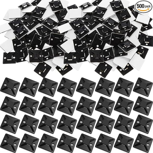 500 Pcs 3/4 Inch Black Self Adhesive Cable Zip Tie Mounts Wires Zip Tie Mounting Base Holders Management Anchors Organizer Holders for Indoor & Outdoor Cable Organization