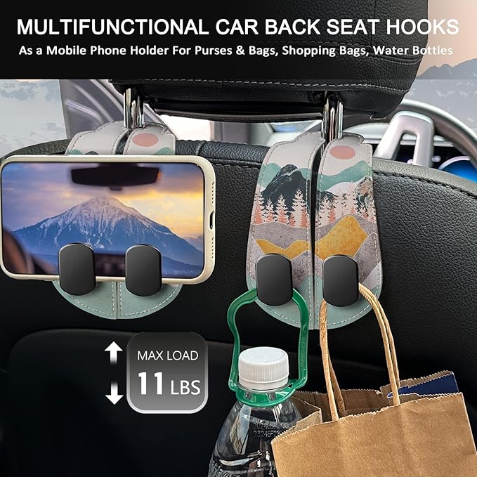 Blusabaca 2PCS Car Seat Back Storage Headrest Hooks, Sunrise Purse Holder Bags Hanger, PU Leather Double Metal Hook for Backseat Organizer, Women Car Accessories Organization